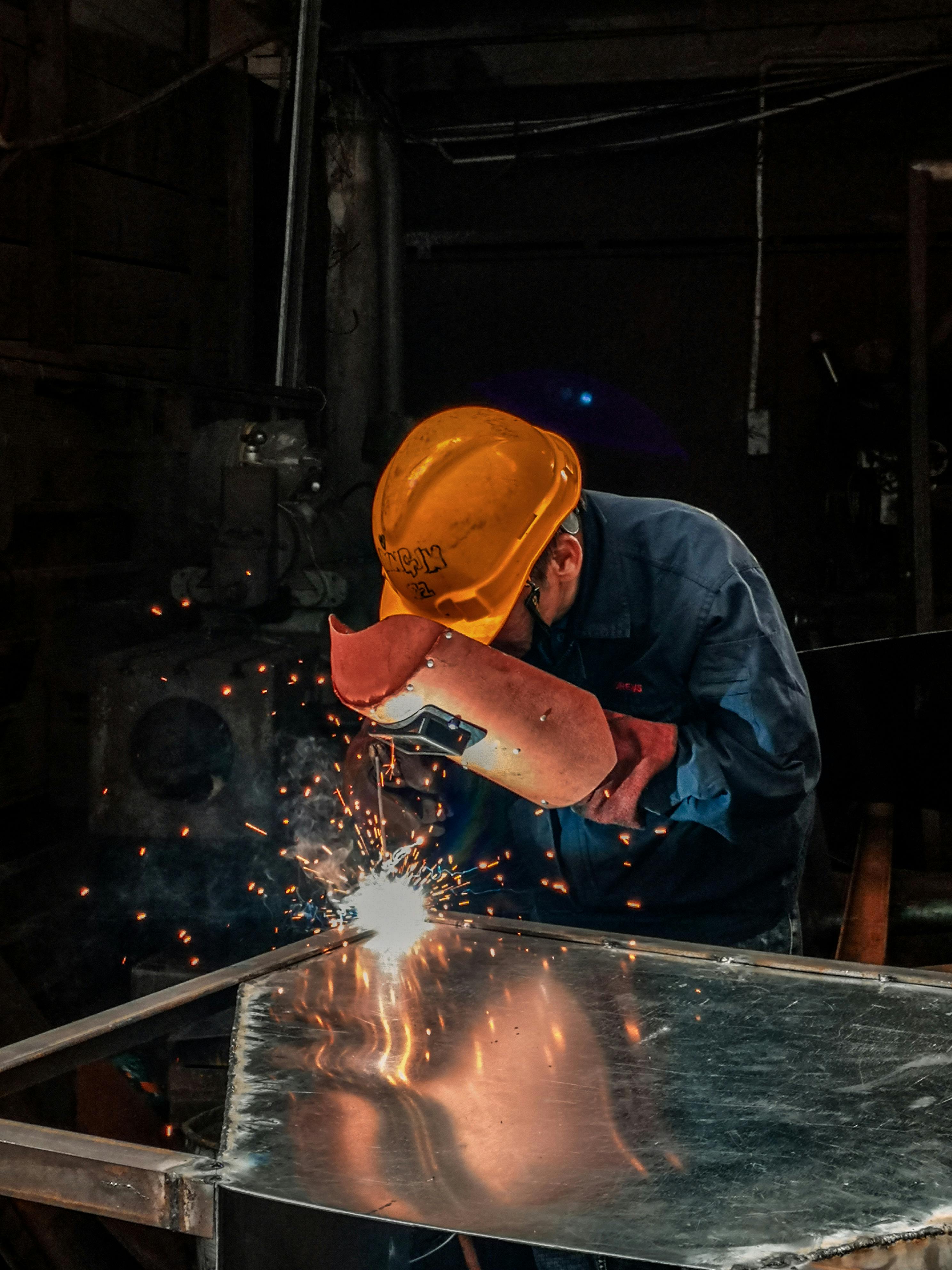 Welding with hardhat and sparks